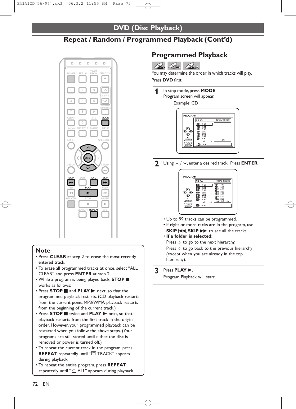 Dvd (disc playback), Repeat / random / programmed playback (cont’d), Programmed playback | Press dvd first, Press play b. program playback will start | Symphonic CHSP80G User Manual | Page 72 / 96