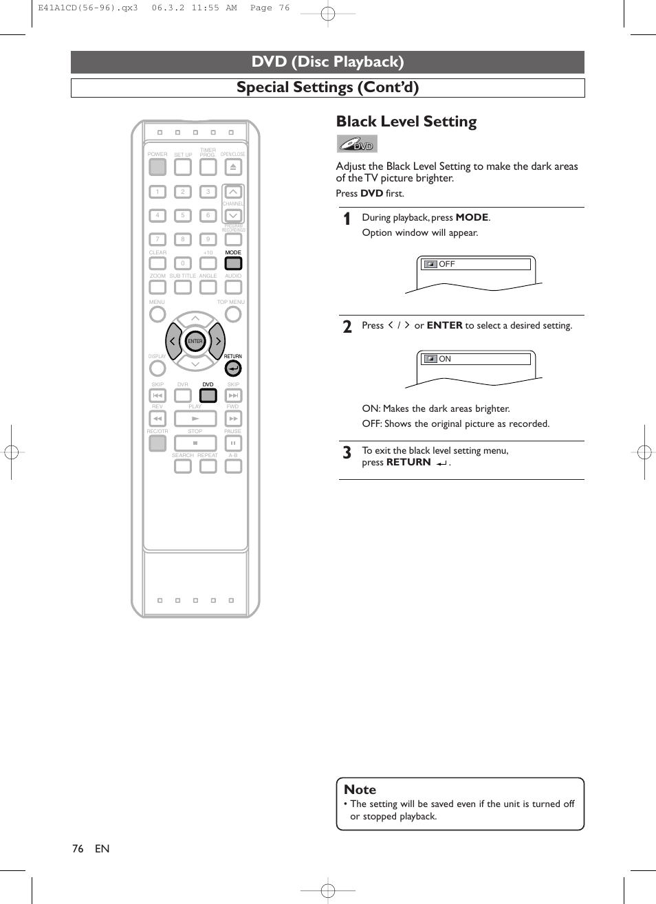 Dvd (disc playback), Special settings (cont’d), Black level setting | Press dvd first | Symphonic CHSP80G User Manual | Page 76 / 96