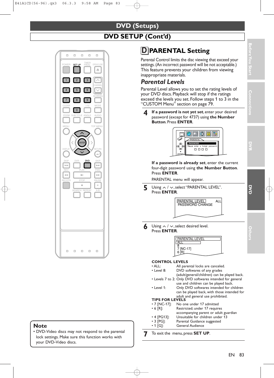 Dvd (setups), Dvd setup (cont’d) parental setting, Parental levels | Symphonic CHSP80G User Manual | Page 83 / 96