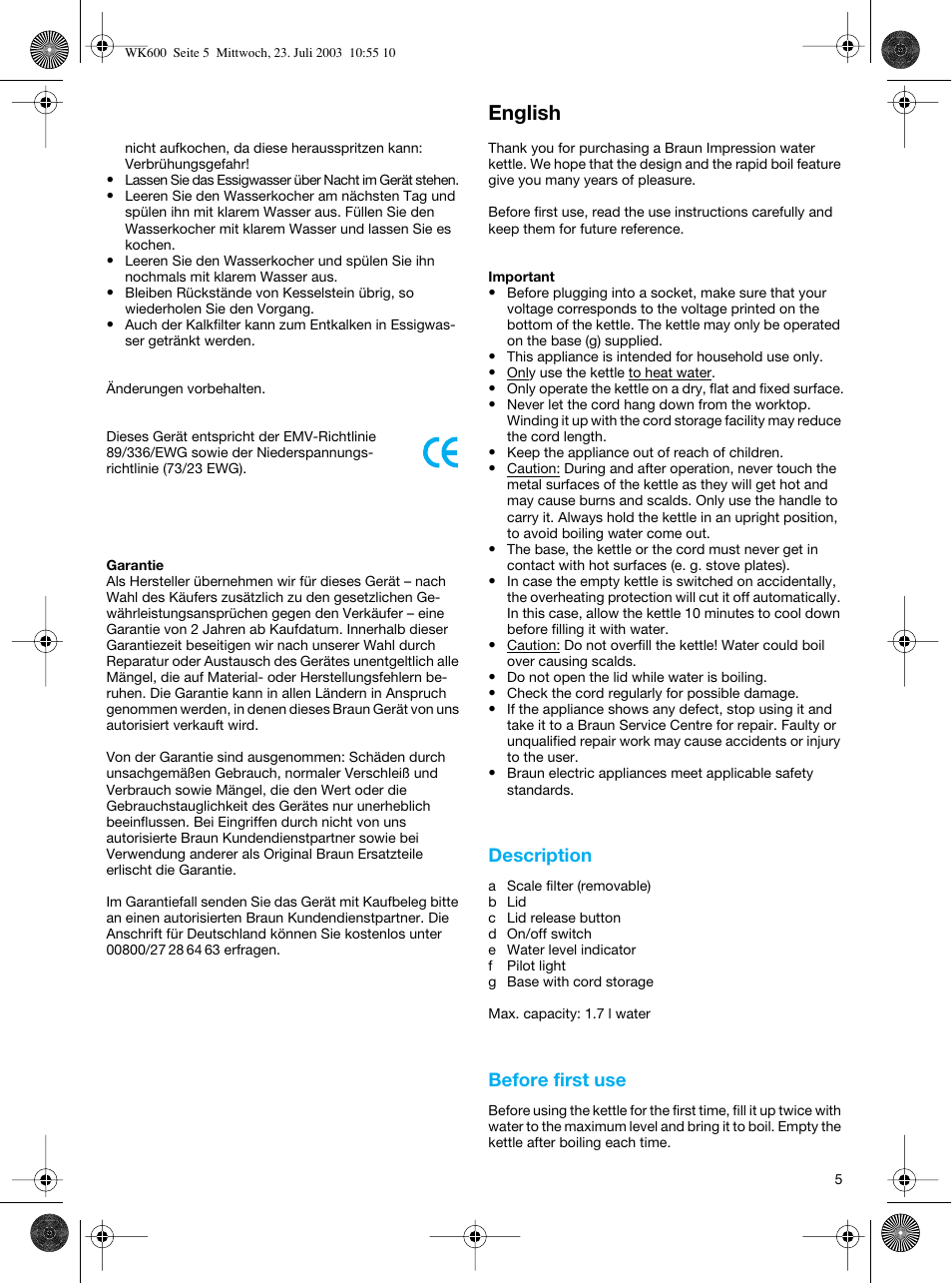 English | Braun WK-600 User Manual | Page 5 / 42