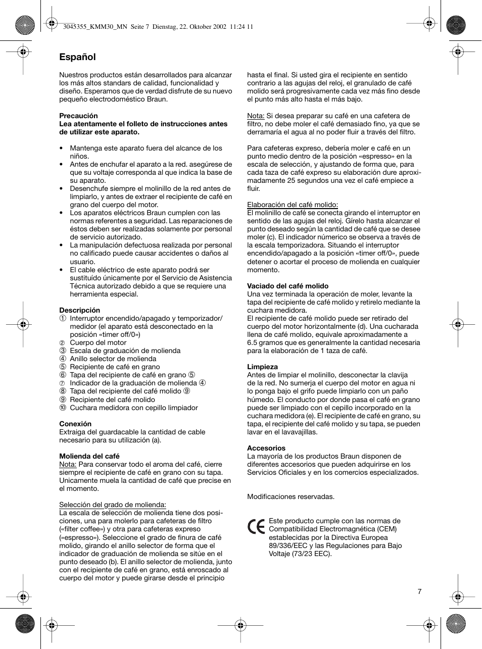 Español | Braun KMM 30 User Manual | Page 7 / 24