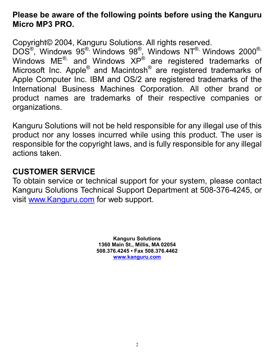 Windows 95, Windows 98, Windows nt | Windows 2000, Windows me, And windows xp, Are registered trademarks of microsoft inc. apple, And macintosh | Kanguru Solutions 1.1 User Manual | Page 2 / 22