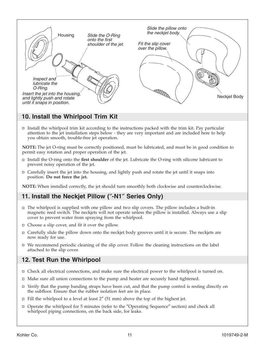 Install the whirlpool trim kit, Install the neckjet pillow ( ″ -n1 ″ series only), Test run the whirlpool | Kohler K-1460 User Manual | Page 11 / 60