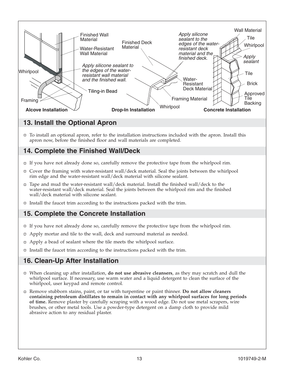 Install the optional apron, Complete the finished wall/deck, Complete the concrete installation | Clean-up after installation | Kohler K-1460 User Manual | Page 13 / 60