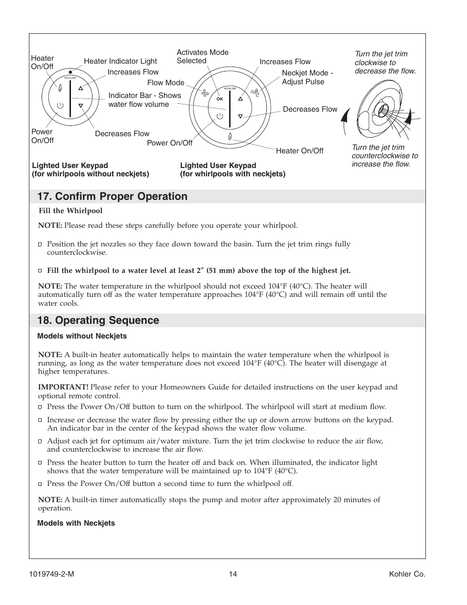 Confirm proper operation, Operating sequence | Kohler K-1460 User Manual | Page 14 / 60