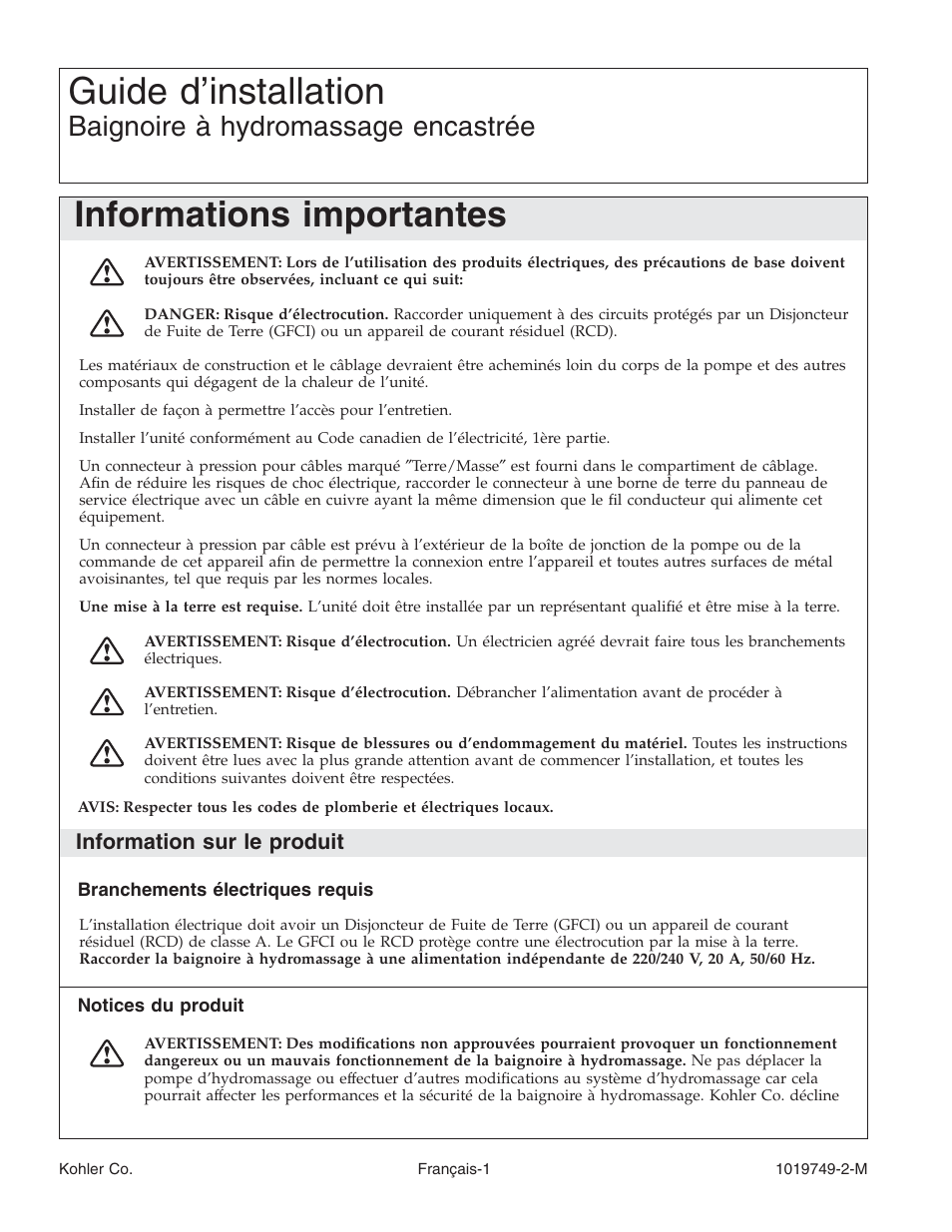 Guide d’installation, Informations importantes, Baignoire à hydromassage encastrée | Information sur le produit | Kohler K-1460 User Manual | Page 18 / 60