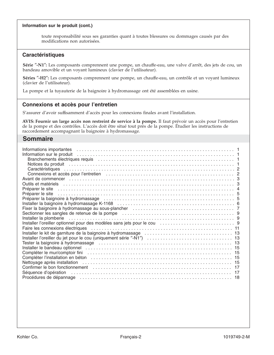 Sommaire | Kohler K-1460 User Manual | Page 19 / 60