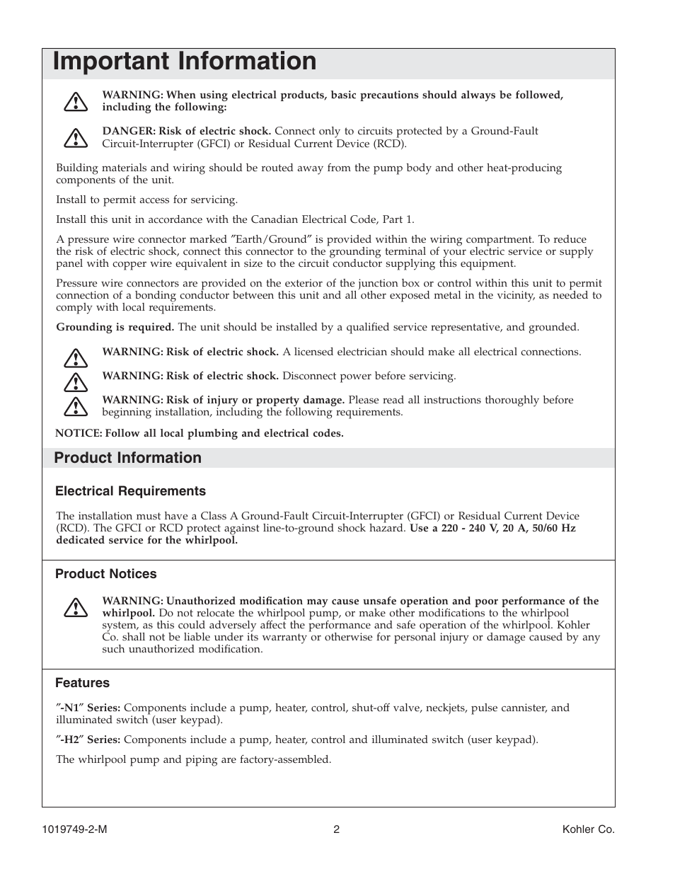 Important information, Product information | Kohler K-1460 User Manual | Page 2 / 60
