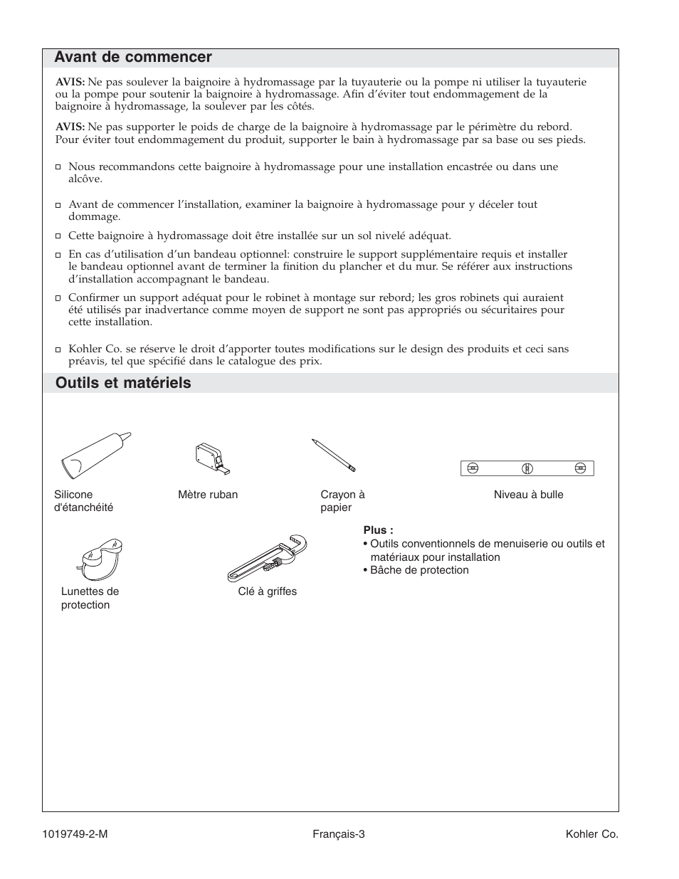 Avant de commencer, Outils et matériels | Kohler K-1460 User Manual | Page 20 / 60