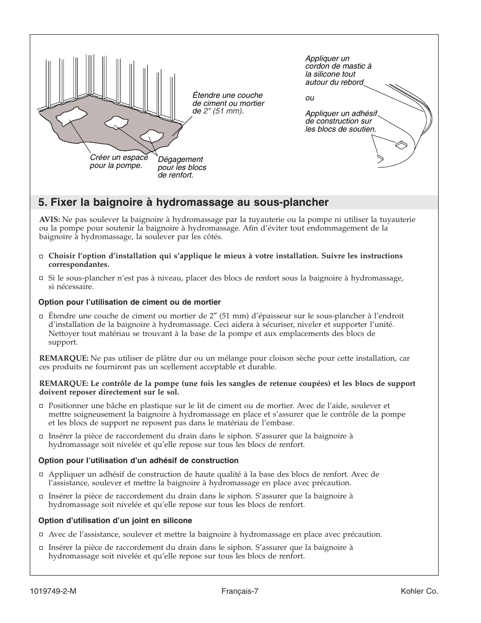 Fixer la baignoire à hydromassage au sous-plancher | Kohler K-1460 User Manual | Page 24 / 60