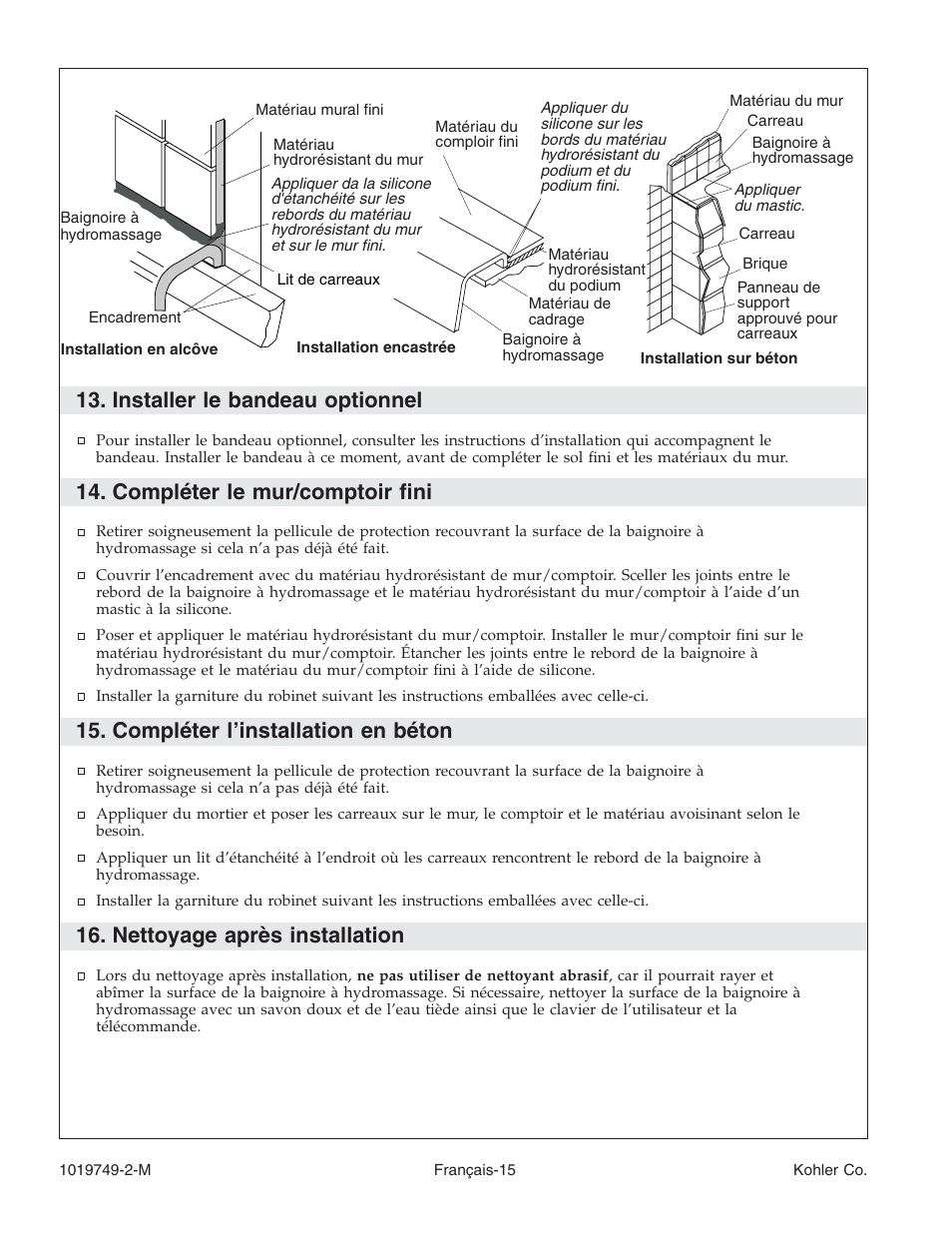 Installer le bandeau optionnel, Compléter le mur/comptoir fini, Compléter l’installation en béton | Nettoyage après installation | Kohler K-1460 User Manual | Page 32 / 60