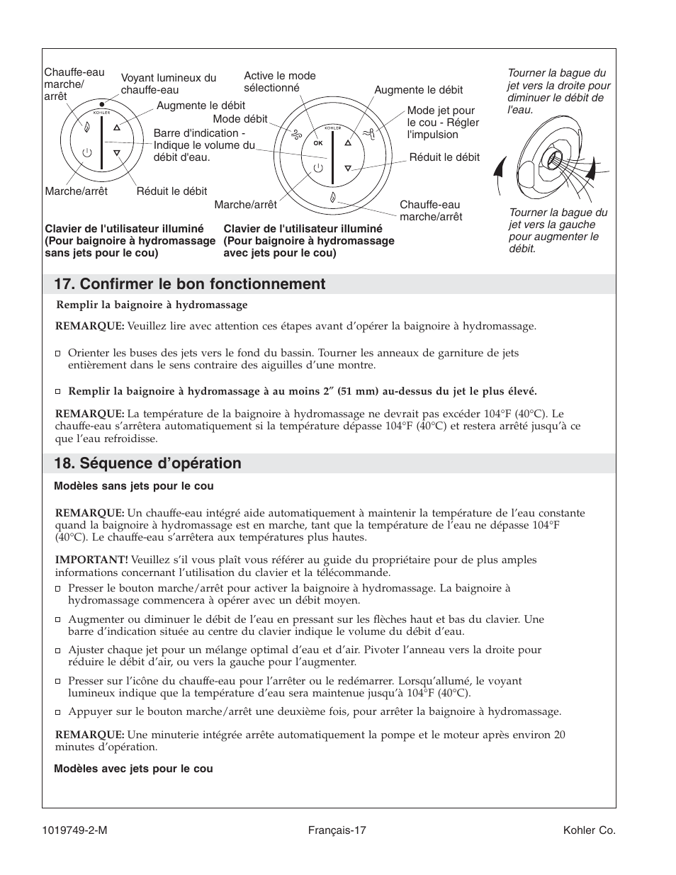 Confirmer le bon fonctionnement, Séquence d’opération | Kohler K-1460 User Manual | Page 34 / 60