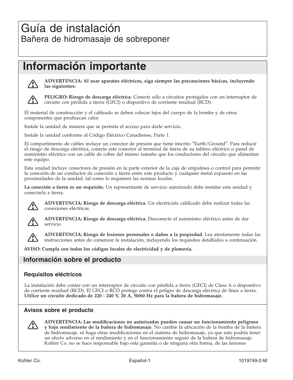 Guía de instalación, Información importante, Bañera de hidromasaje de sobreponer | Información sobre el producto | Kohler K-1460 User Manual | Page 39 / 60