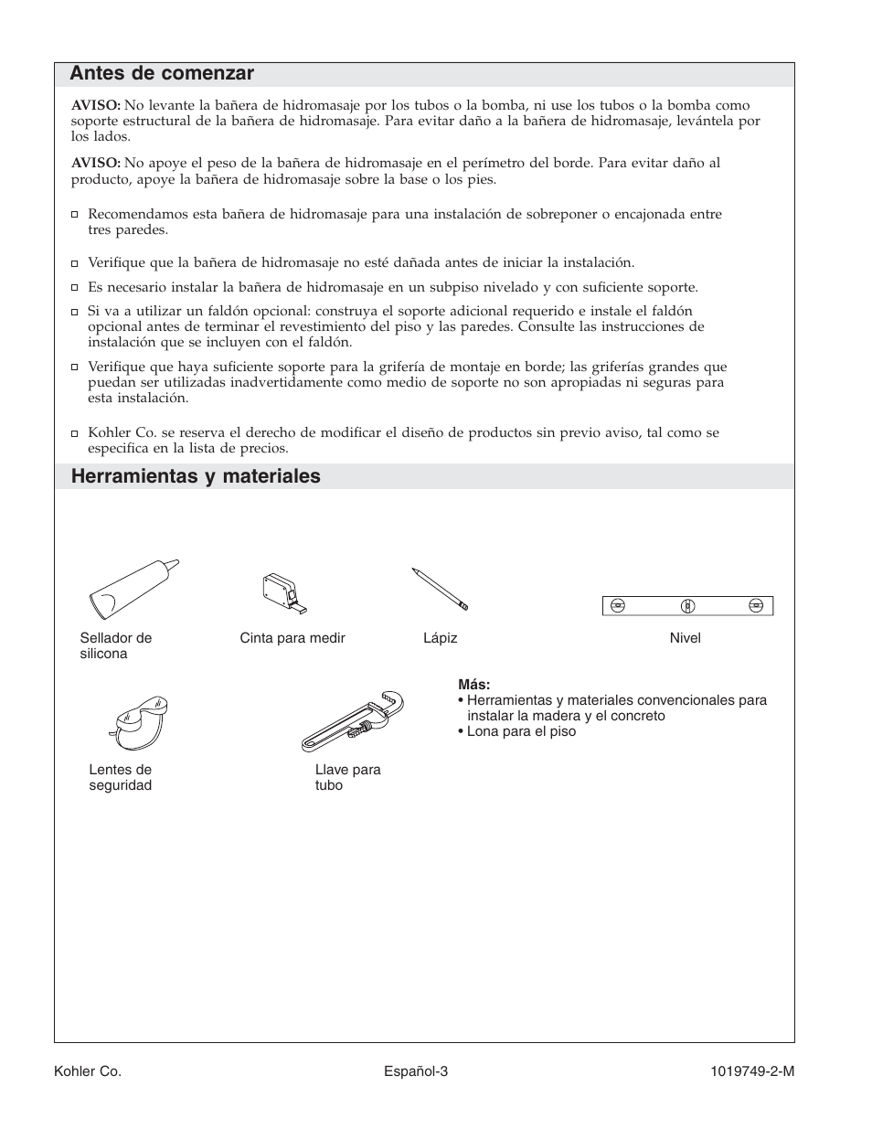 Antes de comenzar, Herramientas y materiales | Kohler K-1460 User Manual | Page 41 / 60