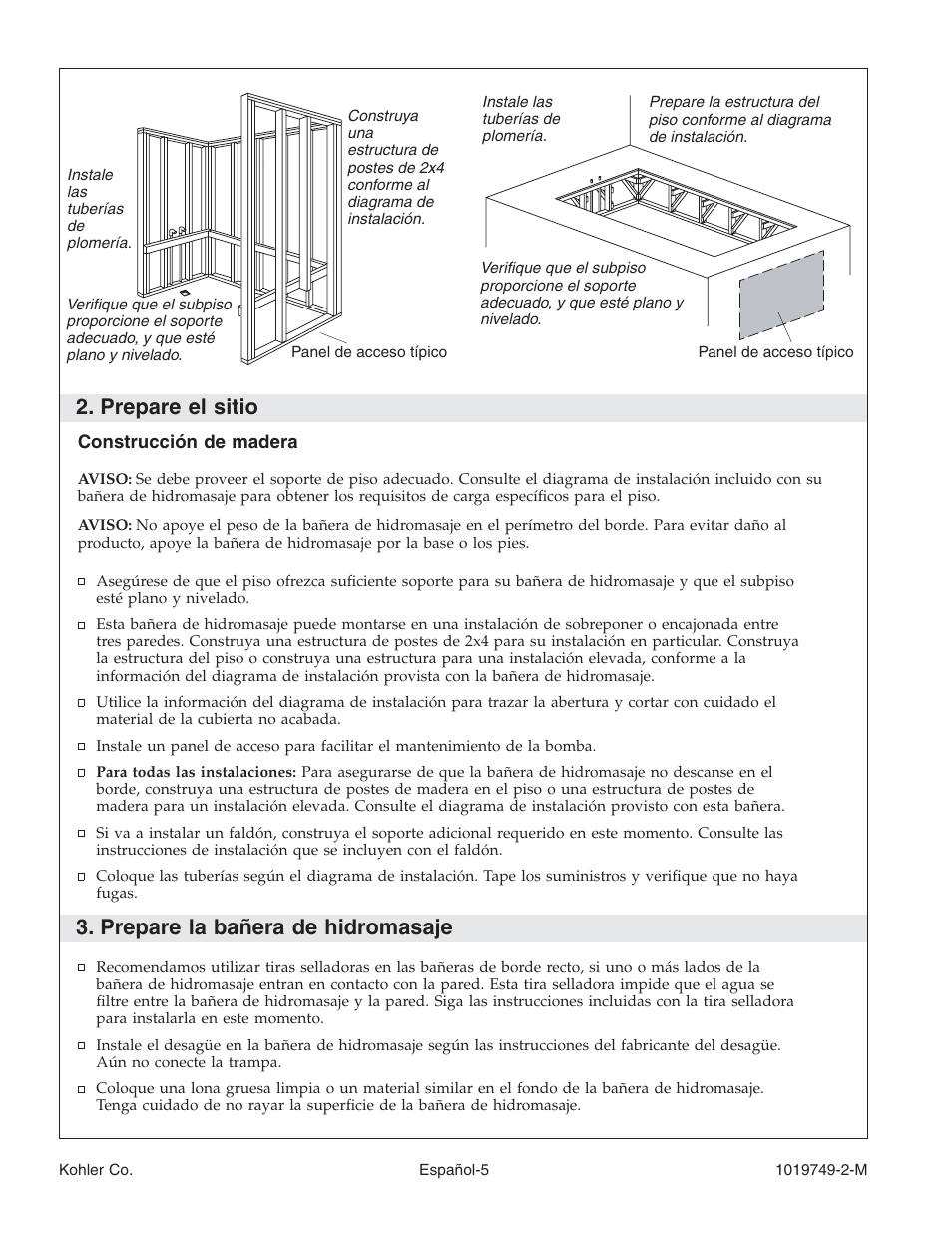 Prepare el sitio, Prepare la bañera de hidromasaje | Kohler K-1460 User Manual | Page 43 / 60
