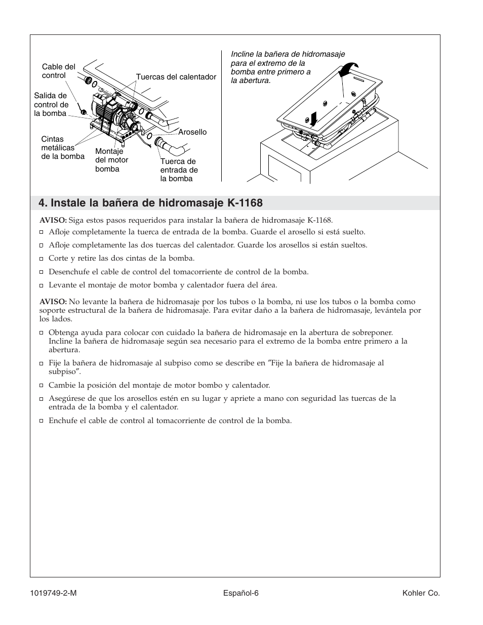 Instale la bañera de hidromasaje k-1168 | Kohler K-1460 User Manual | Page 44 / 60