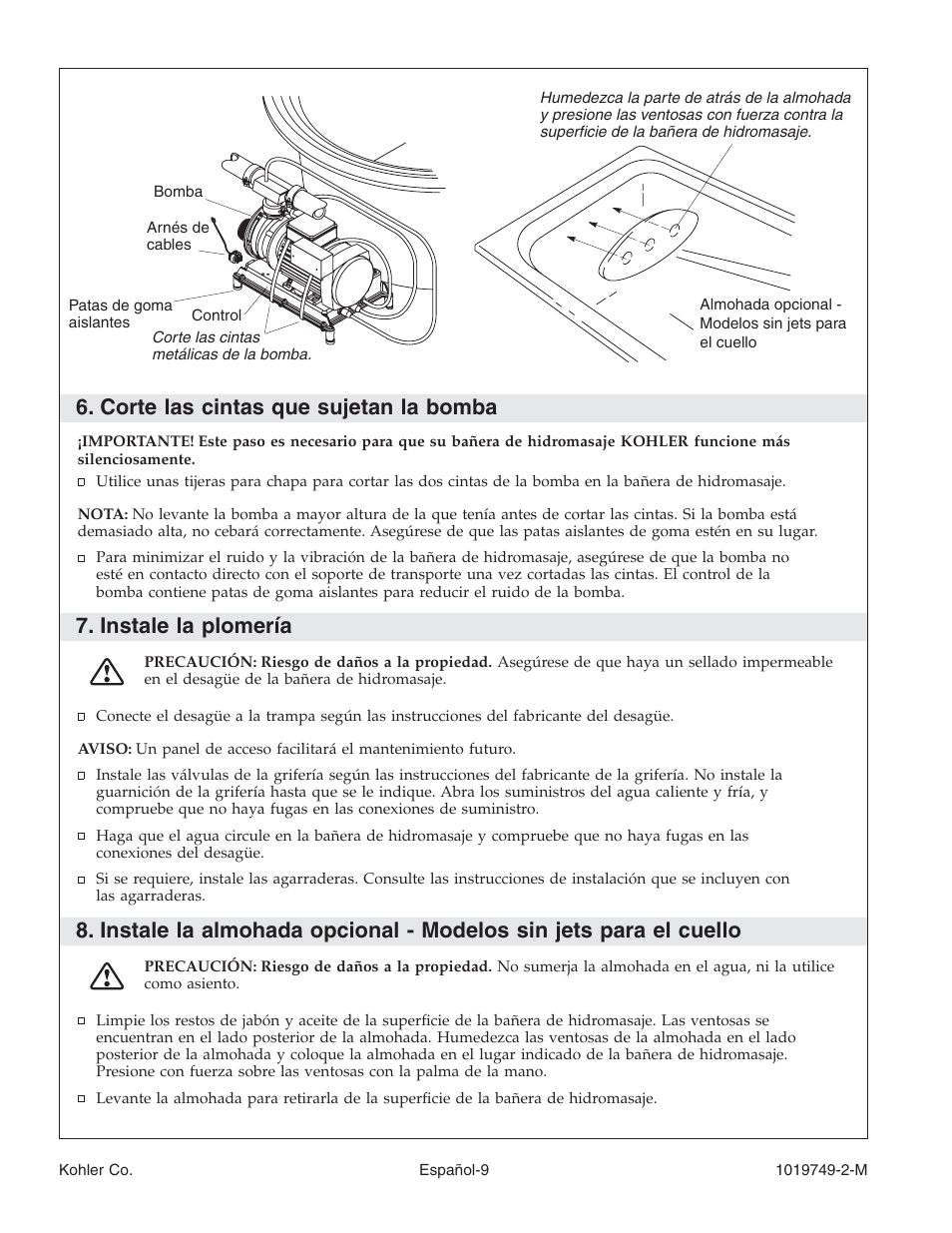 Corte las cintas que sujetan la bomba, Instale la plomería | Kohler K-1460 User Manual | Page 47 / 60