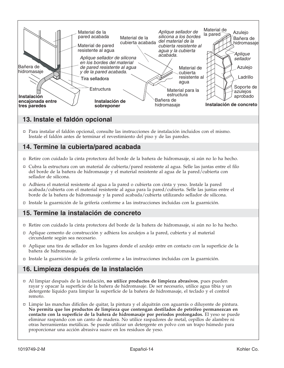 Instale el faldón opcional, Termine la cubierta/pared acabada, Termine la instalación de concreto | Limpieza después de la instalación | Kohler K-1460 User Manual | Page 52 / 60