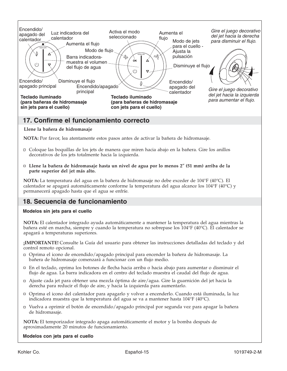 Confirme el funcionamiento correcto, Secuencia de funcionamiento | Kohler K-1460 User Manual | Page 53 / 60