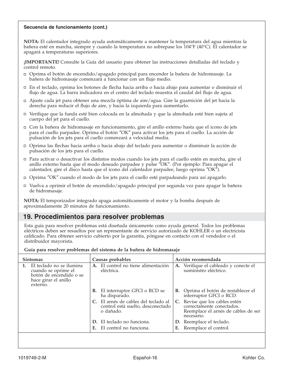 Procedimientos para resolver problemas | Kohler K-1460 User Manual | Page 54 / 60