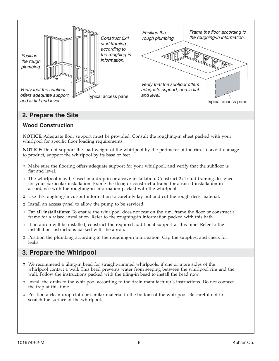 Prepare the site, Prepare the whirlpool | Kohler K-1460 User Manual | Page 6 / 60