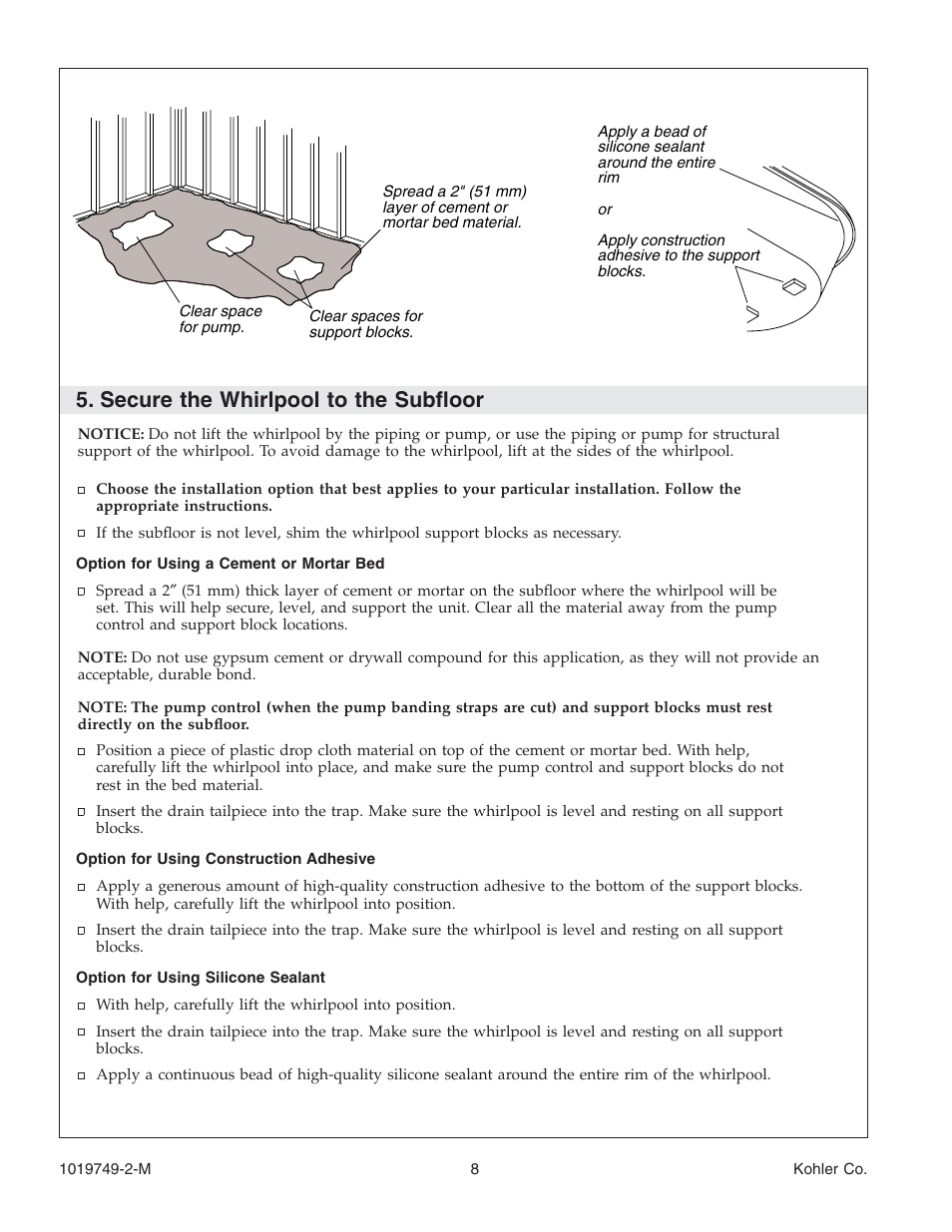 Secure the whirlpool to the subfloor | Kohler K-1460 User Manual | Page 8 / 60