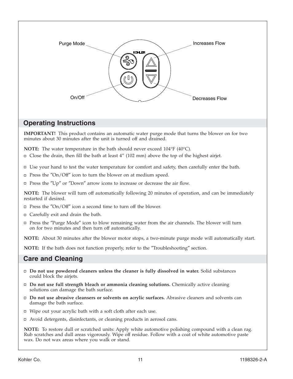 Operating instructions, Care and cleaning | Kohler 120V Bath with Airjets 1198326-2-A User Manual | Page 11 / 44