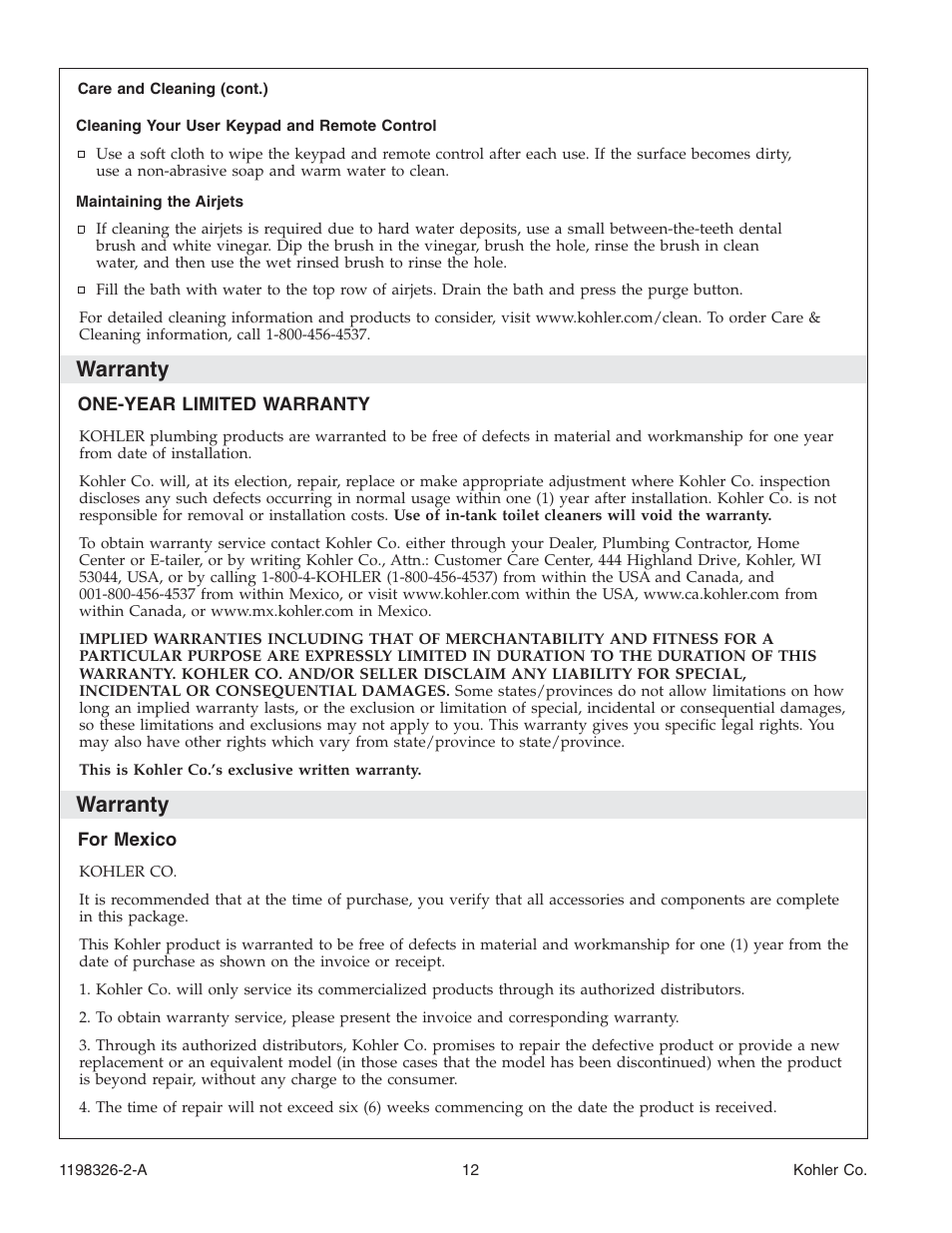 Warranty | Kohler 120V Bath with Airjets 1198326-2-A User Manual | Page 12 / 44
