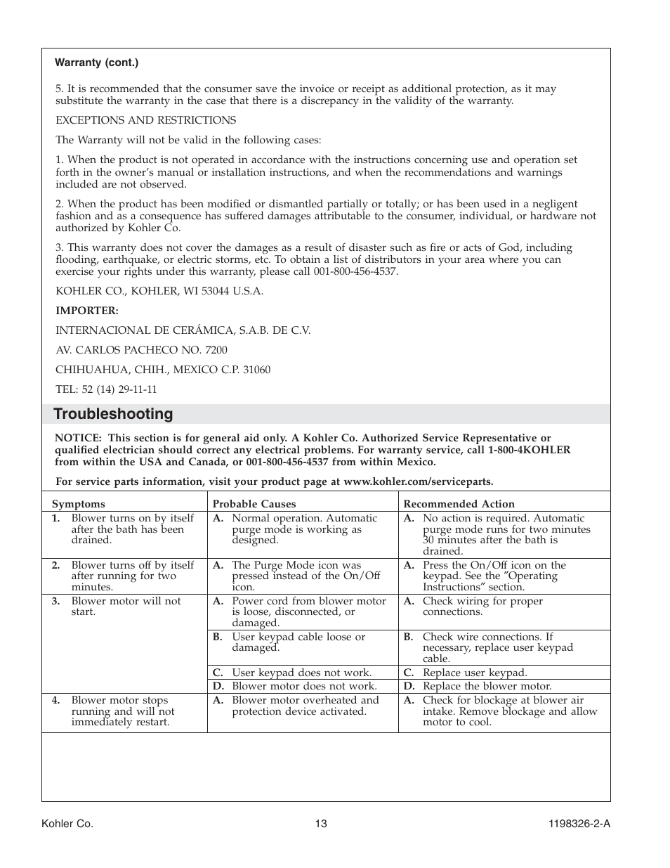 Troubleshooting | Kohler 120V Bath with Airjets 1198326-2-A User Manual | Page 13 / 44