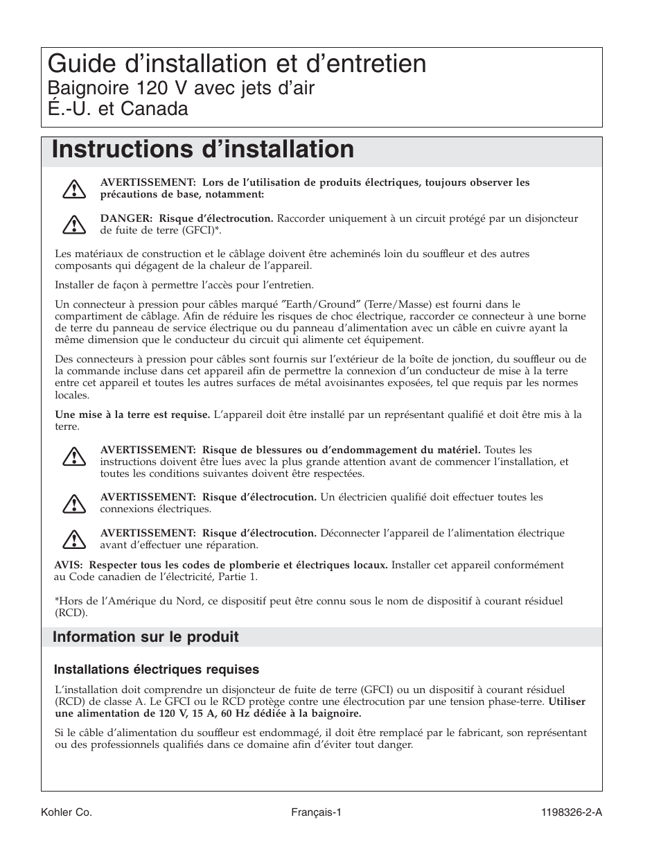 Guide d’installation et d’entretien, Instructions d’installation, Baignoire 120 v avec jets d’air é.-u. et canada | Information sur le produit | Kohler 120V Bath with Airjets 1198326-2-A User Manual | Page 15 / 44