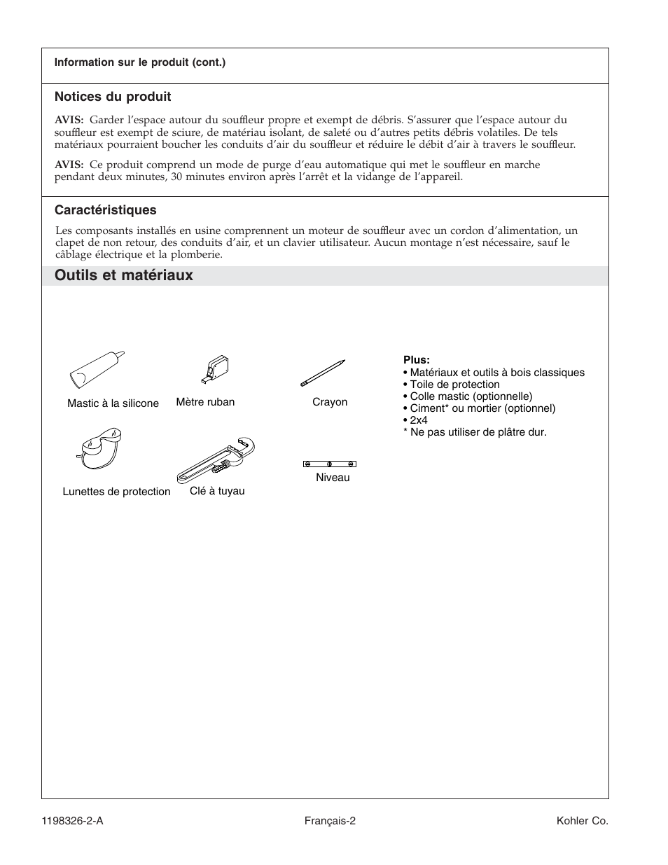 Outils et matériaux | Kohler 120V Bath with Airjets 1198326-2-A User Manual | Page 16 / 44