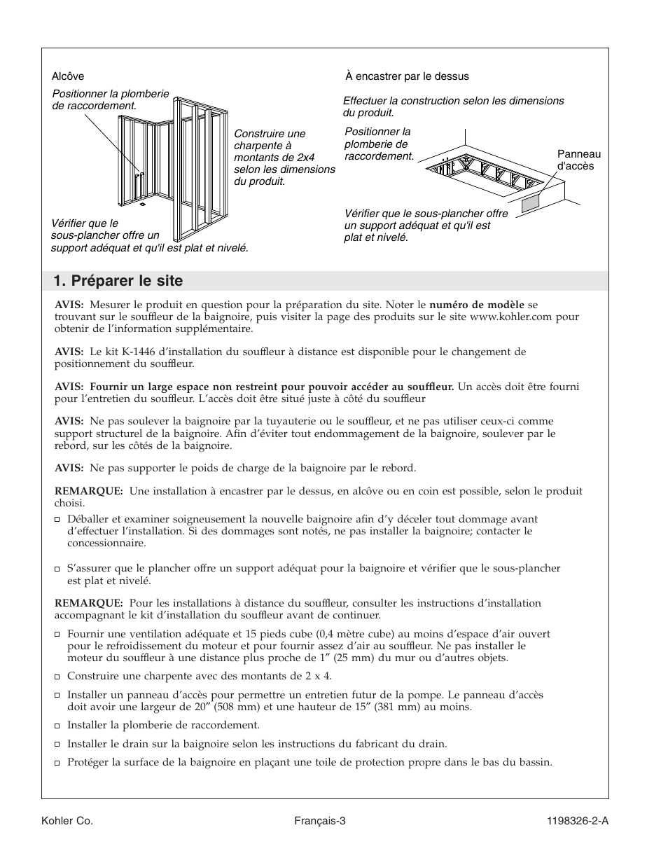 Préparer le site | Kohler 120V Bath with Airjets 1198326-2-A User Manual | Page 17 / 44