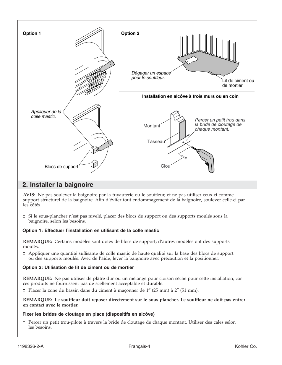 Installer la baignoire | Kohler 120V Bath with Airjets 1198326-2-A User Manual | Page 18 / 44