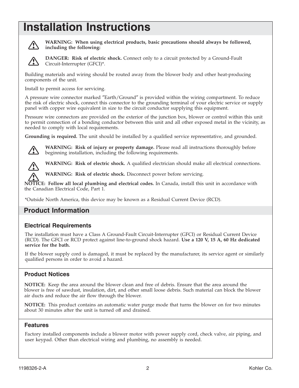 Installation instructions, Product information | Kohler 120V Bath with Airjets 1198326-2-A User Manual | Page 2 / 44