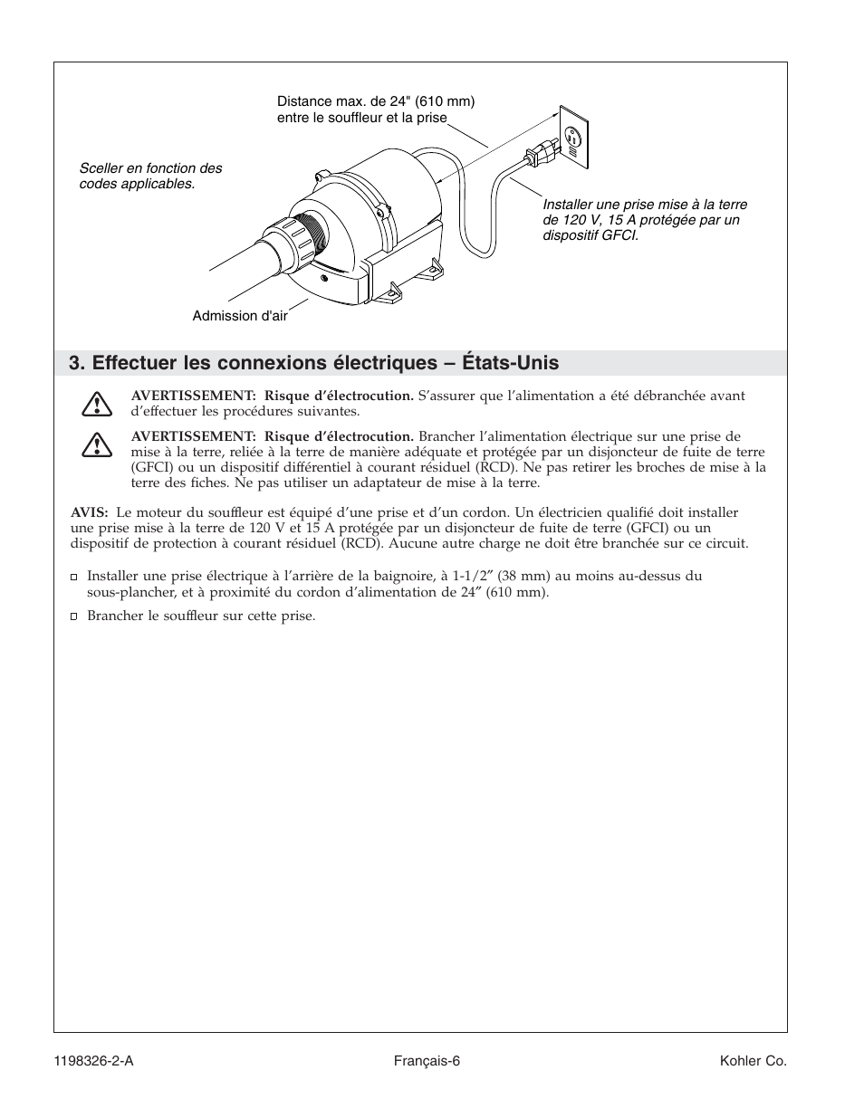 Effectuer les connexions électriques – états-unis | Kohler 120V Bath with Airjets 1198326-2-A User Manual | Page 20 / 44