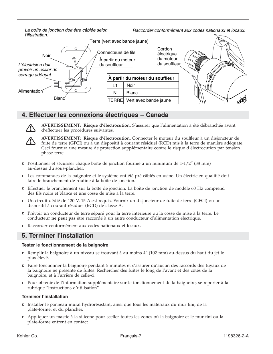 Effectuer les connexions électriques – canada, Terminer l’installation | Kohler 120V Bath with Airjets 1198326-2-A User Manual | Page 21 / 44