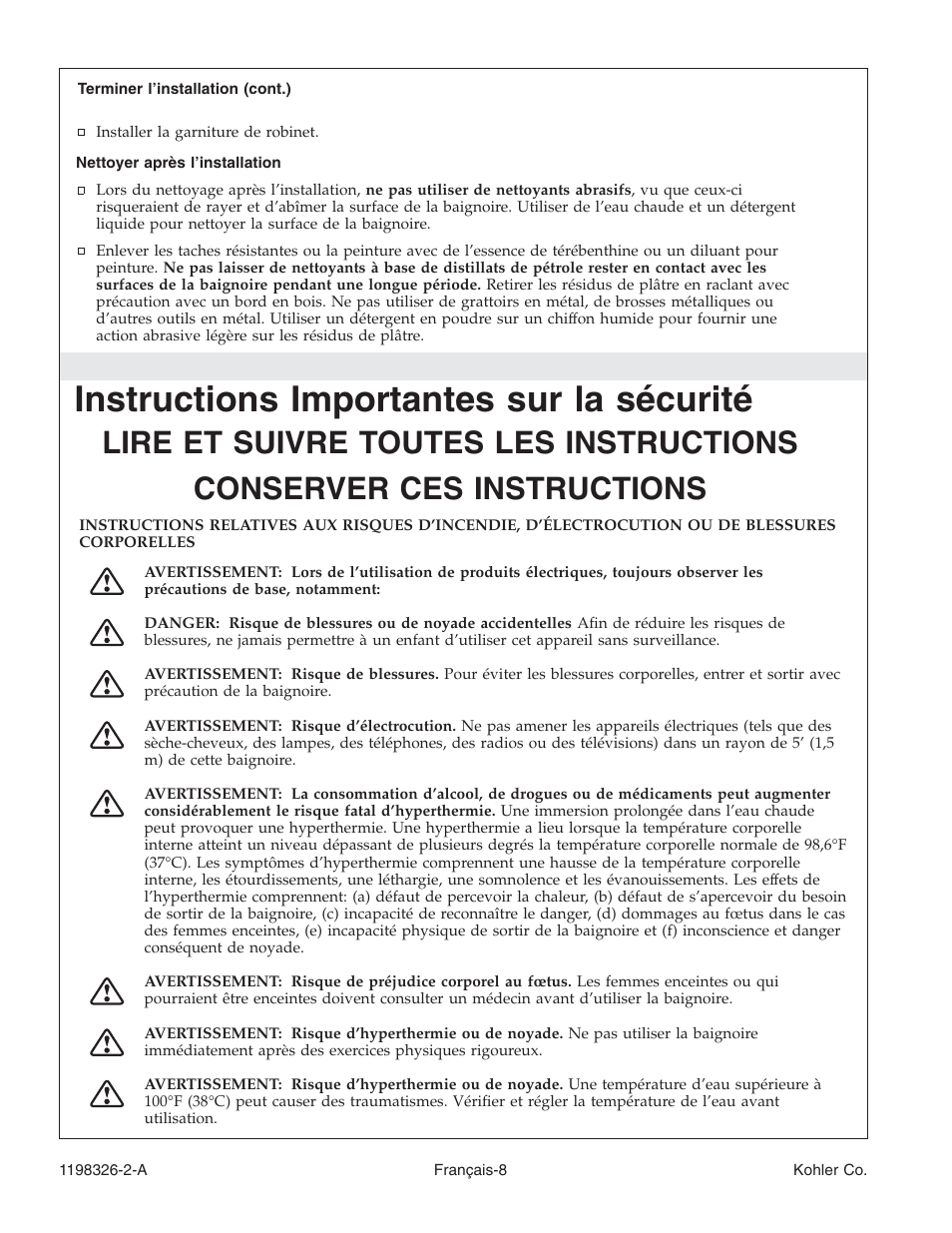 Instructions importantes sur la sécurité | Kohler 120V Bath with Airjets 1198326-2-A User Manual | Page 22 / 44