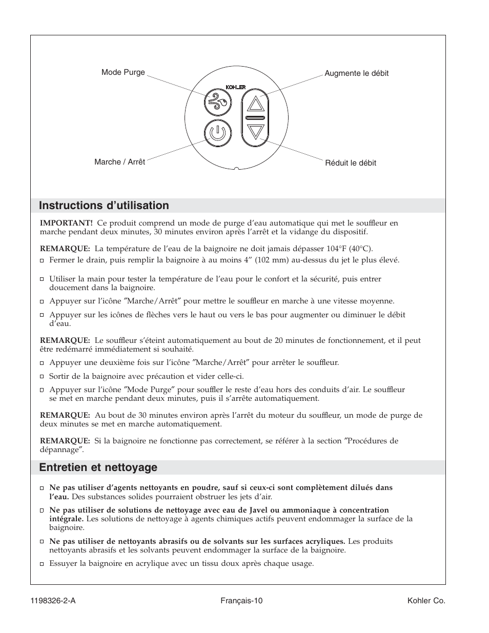 Instructions d’utilisation, Entretien et nettoyage | Kohler 120V Bath with Airjets 1198326-2-A User Manual | Page 24 / 44