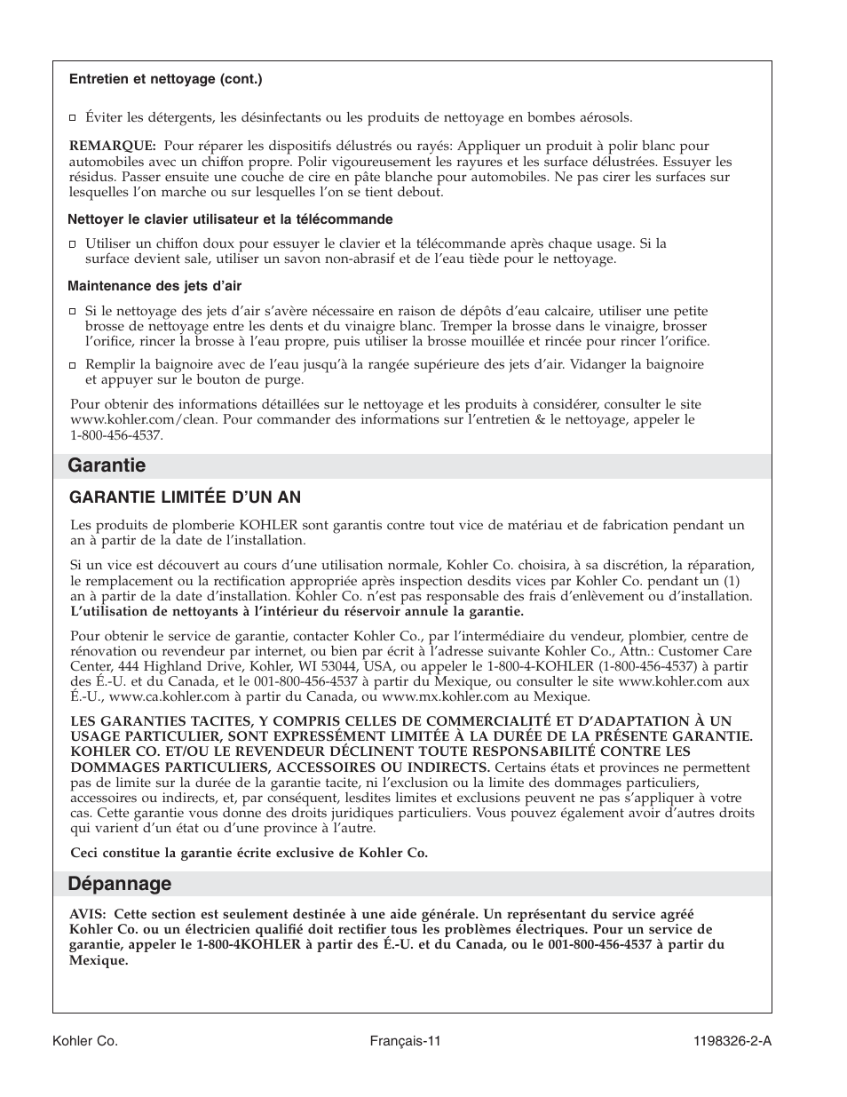 Garantie, Dépannage | Kohler 120V Bath with Airjets 1198326-2-A User Manual | Page 25 / 44