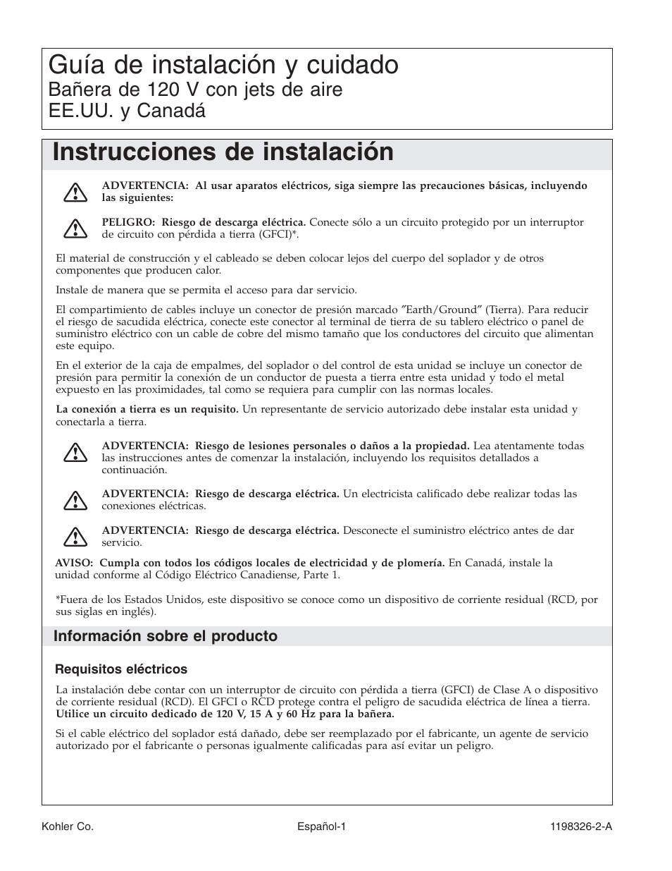 Guía de instalación y cuidado, Instrucciones de instalación, Bañera de 120 v con jets de aire ee.uu. y canadá | Información sobre el producto | Kohler 120V Bath with Airjets 1198326-2-A User Manual | Page 28 / 44