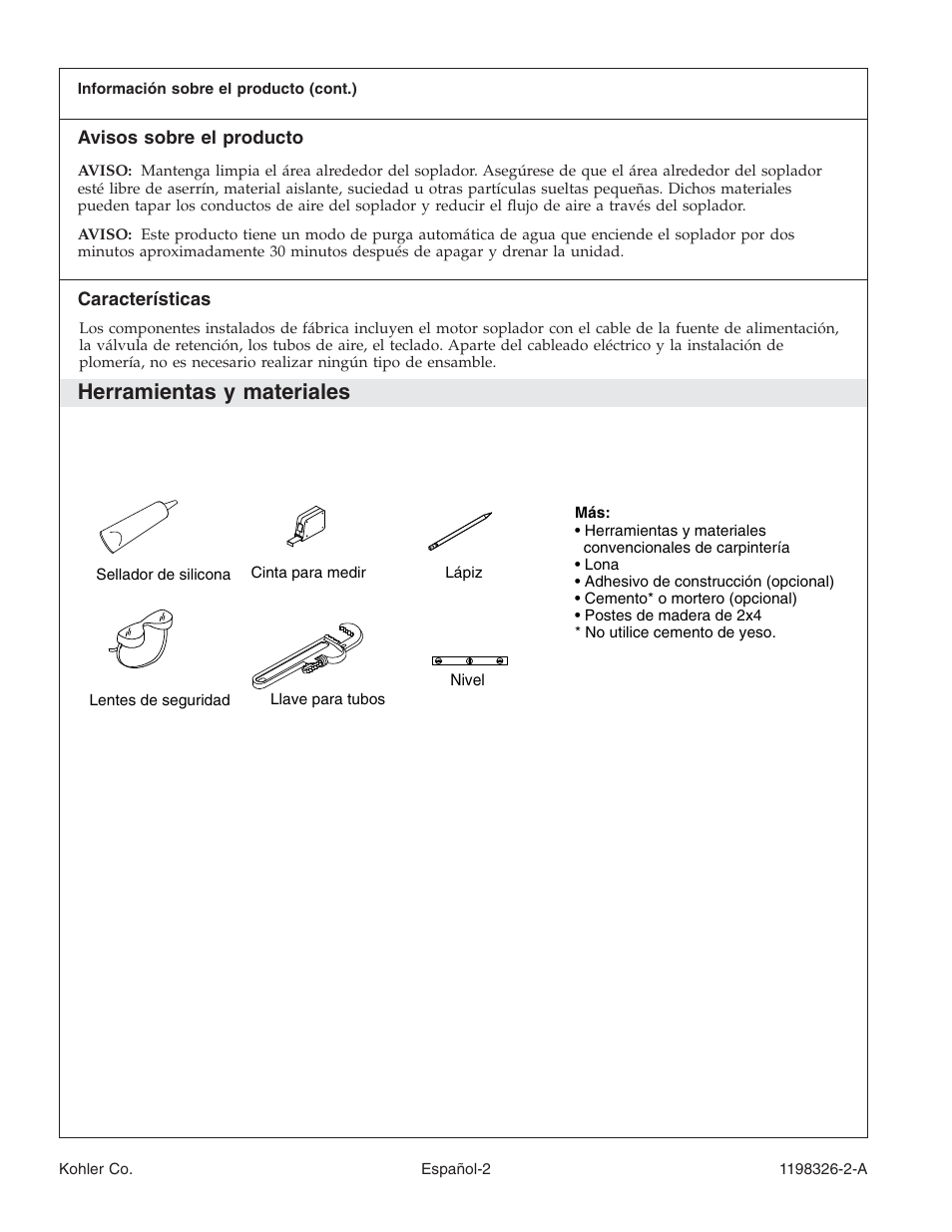 Herramientas y materiales | Kohler 120V Bath with Airjets 1198326-2-A User Manual | Page 29 / 44