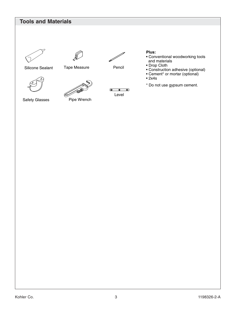 Tools and materials | Kohler 120V Bath with Airjets 1198326-2-A User Manual | Page 3 / 44