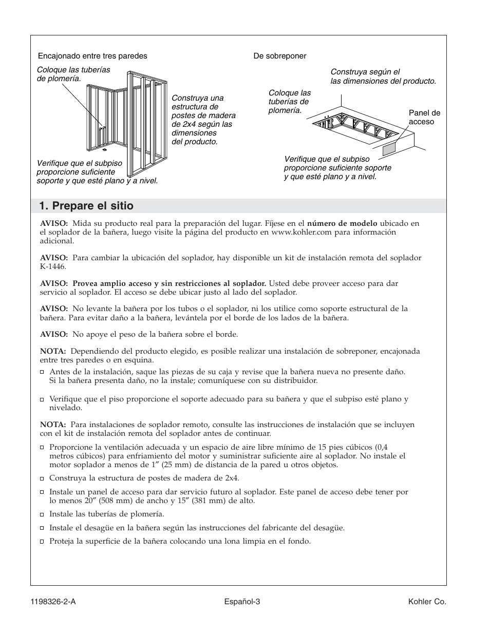 Prepare el sitio | Kohler 120V Bath with Airjets 1198326-2-A User Manual | Page 30 / 44