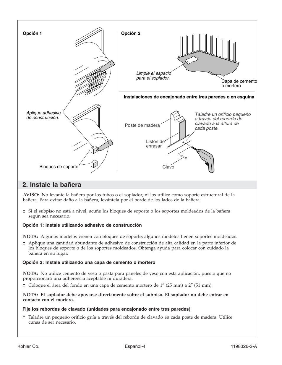 Instale la bañera | Kohler 120V Bath with Airjets 1198326-2-A User Manual | Page 31 / 44