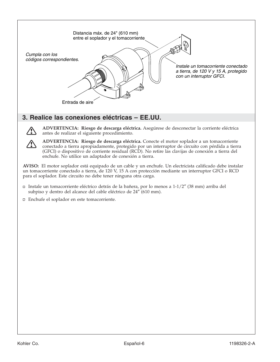 Realice las conexiones eléctricas – ee.uu | Kohler 120V Bath with Airjets 1198326-2-A User Manual | Page 33 / 44