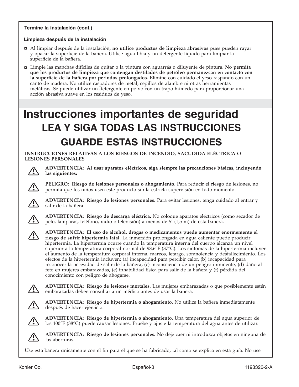 Instrucciones importantes de seguridad | Kohler 120V Bath with Airjets 1198326-2-A User Manual | Page 35 / 44