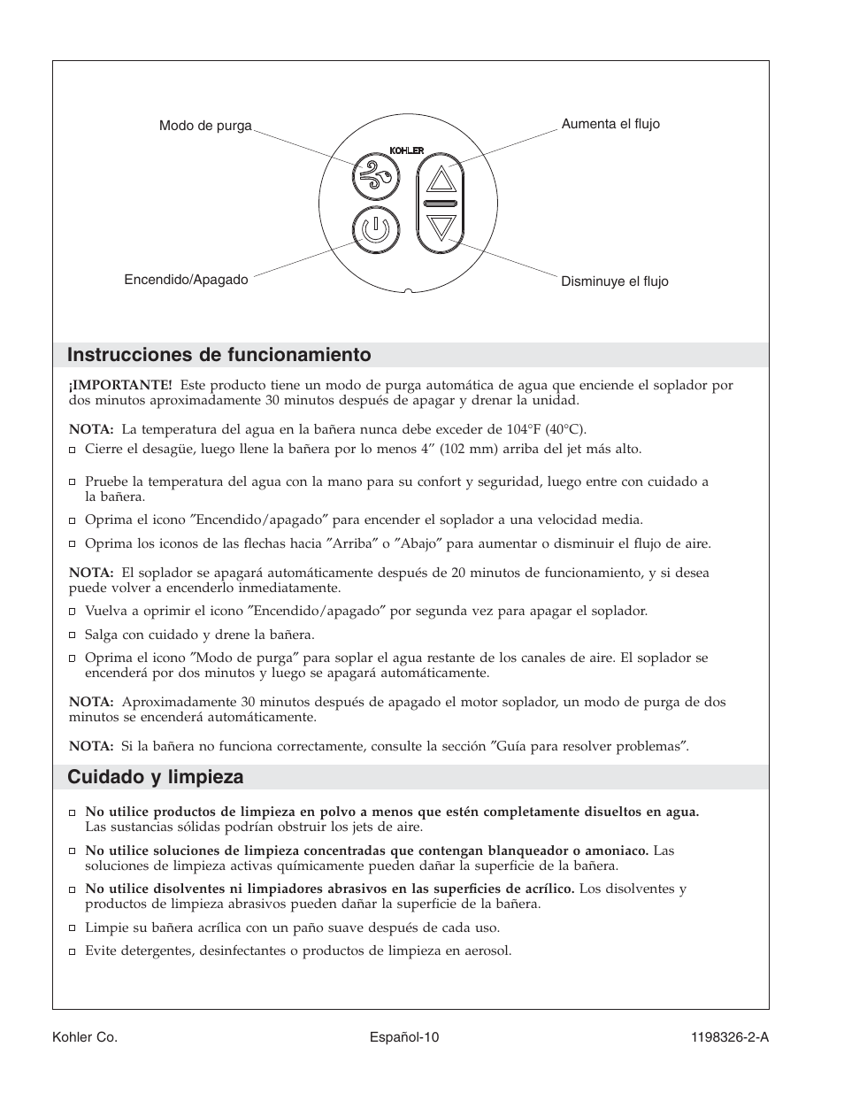 Instrucciones de funcionamiento, Cuidado y limpieza | Kohler 120V Bath with Airjets 1198326-2-A User Manual | Page 37 / 44