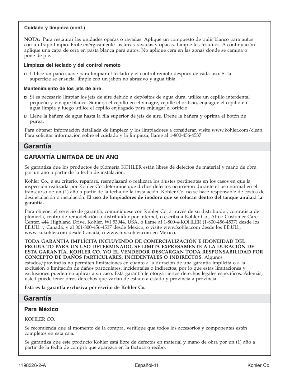 Garantía | Kohler 120V Bath with Airjets 1198326-2-A User Manual | Page 38 / 44