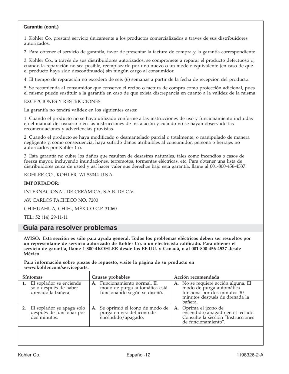 Guía para resolver problemas | Kohler 120V Bath with Airjets 1198326-2-A User Manual | Page 39 / 44