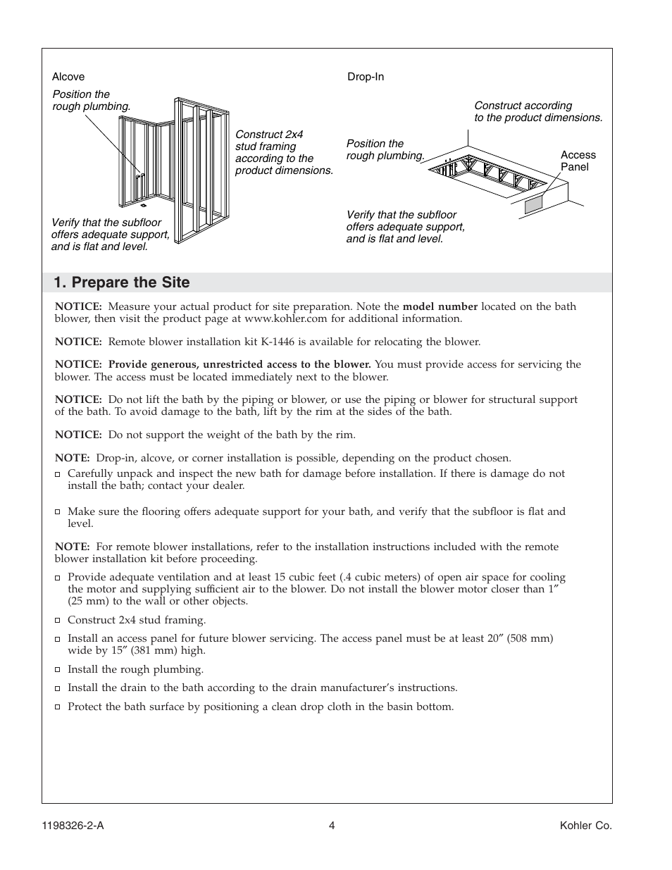 Prepare the site | Kohler 120V Bath with Airjets 1198326-2-A User Manual | Page 4 / 44